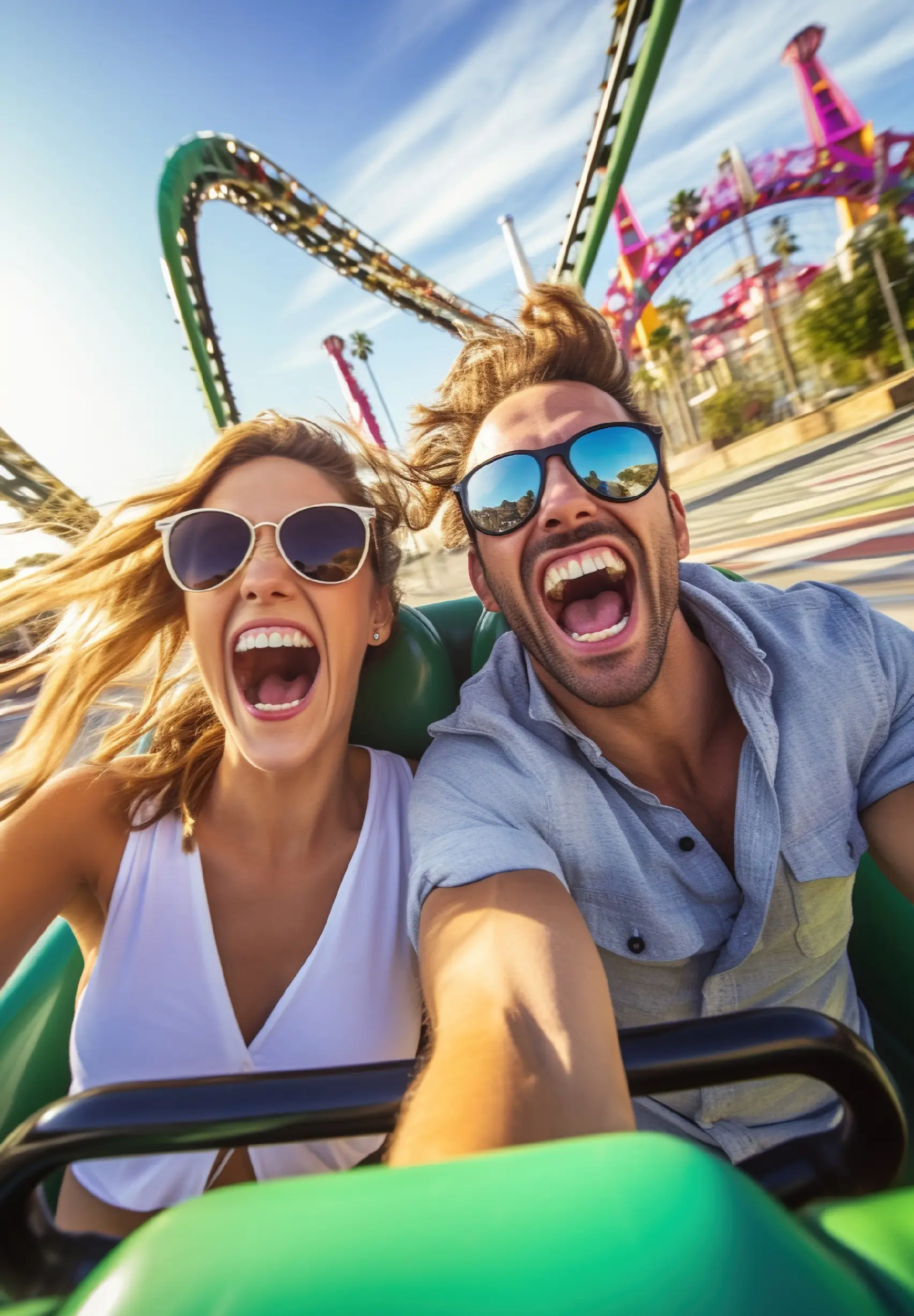 Jeune couple souriant profitant d’un parc d’attractions.