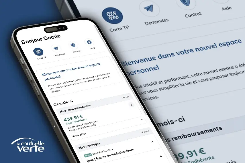 Interface intuitive de l'application Mutuelle Verte avec accès rapide aux remboursements, carte de tiers payant et demandes en ligne.
