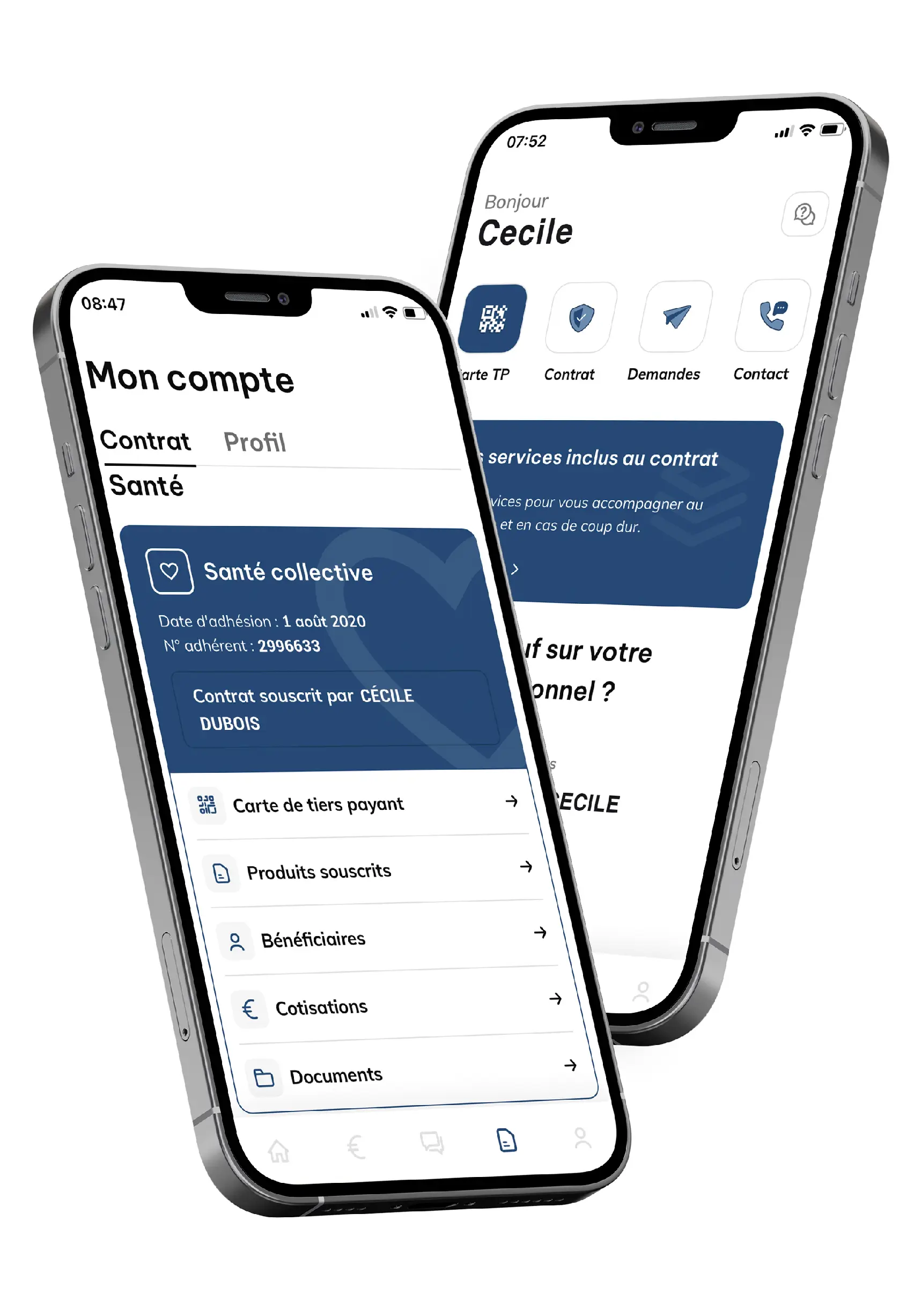 L'application mobile de La Mutuelle Verte, permettant aux adhérents d'accéder à leurs services de santé et prévoyance en ligne.